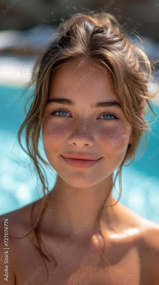beautiful young smiling tanned woman against the background of a blue outdoor pool, summer, vacation, relax, girl, portrait, face, blue eyes, hotel, country club, spa beautiful young smiling tanned woman against the background of a blue outdoor pool, summer, vacation, relax, girl, portrait, face, blue eyes, hotel, country club, spa