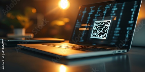 Close-up of a QR code displayed on a laptop screen in a dimly lit room, technology and information concept. AI