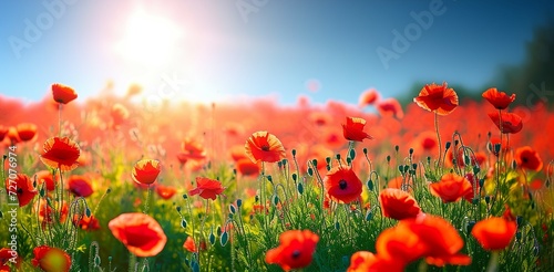 Vivid Poppies Field Adorned with Butterflies Against a Sunny Background. Made with Generative AI Technology