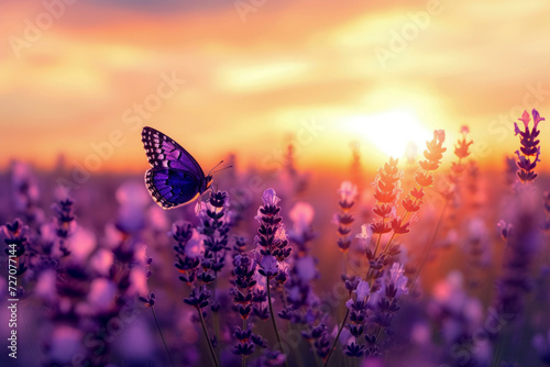 Wide field of lavender and butterfly in summer sunset, panorama background © Eva Corbella