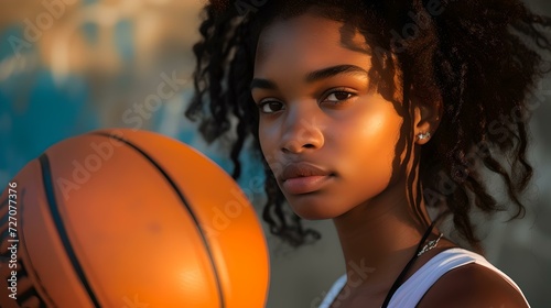 Confident young female athlete holding basketball, outdoor portrait at sunset. candid sport lifestyle image. AI © Irina Ukrainets