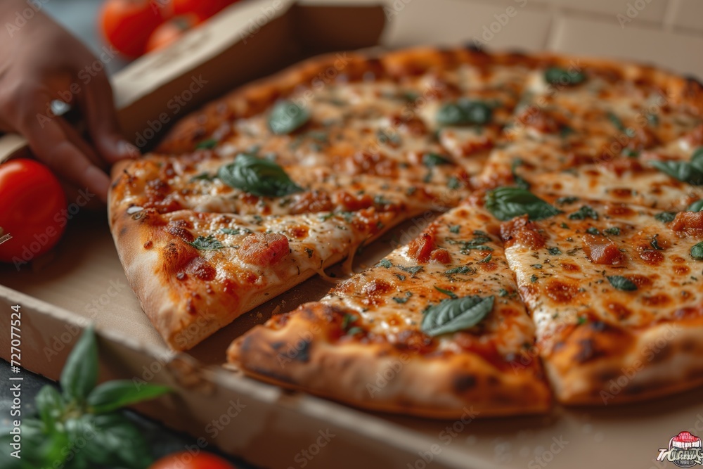 Open box with delicious pizza in hand Generated by AI Open box with delicious pizza in hand Generated by AI