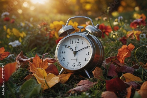 Alarm clock on beautiful nature background with summer flowers and autumn leaves. Summer time end and fall season coming.