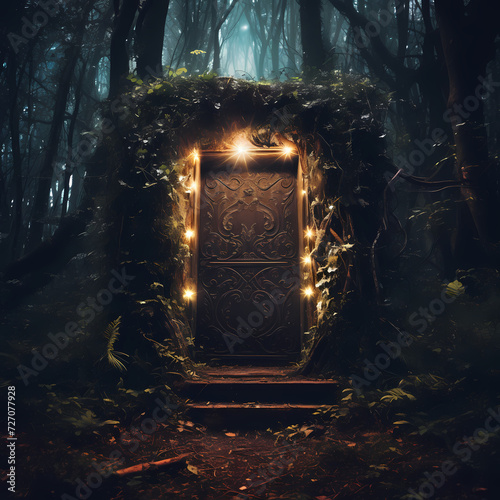 Magical doorway to other dimensions in a forest.