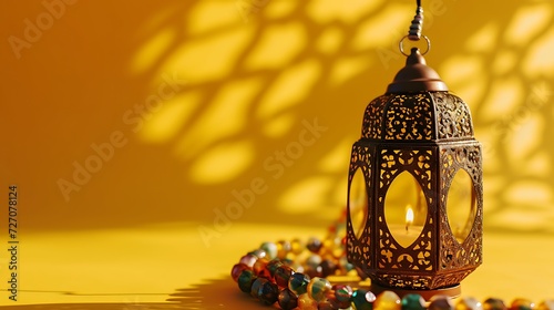 Ornamental Arabic lantern on yellow background Muslim holy month Ramadan Kareem