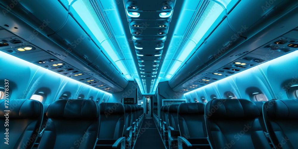 Interior empty cabin of a passenger civil aircraft, illuminated at night. Generative AI Interior empty cabin of a passenger civil aircraft, illuminated at night. Generative AI