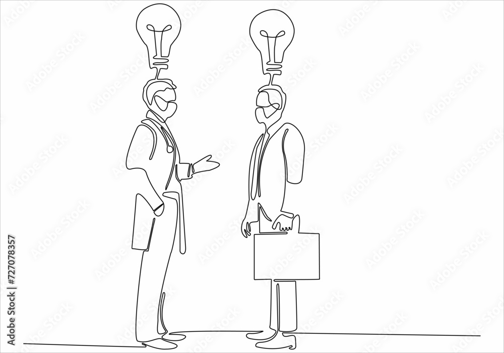 continuous line drawing of two coworkers standing and talking continuous line drawing of two coworkers standing and talking