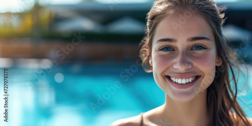 beautiful young smiling tanned woman against the background of a blue outdoor pool, summer, vacation, relax, girl, portrait, face, blue eyes, hotel, country club, spa © Julia Zarubina