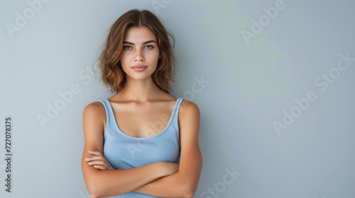 A stunning, confident woman exudes charm and elegance as she stands before the camera in a blue singlet, arms crossed, against a striking gray backdrop. Her captivating presence and timeless © stocker