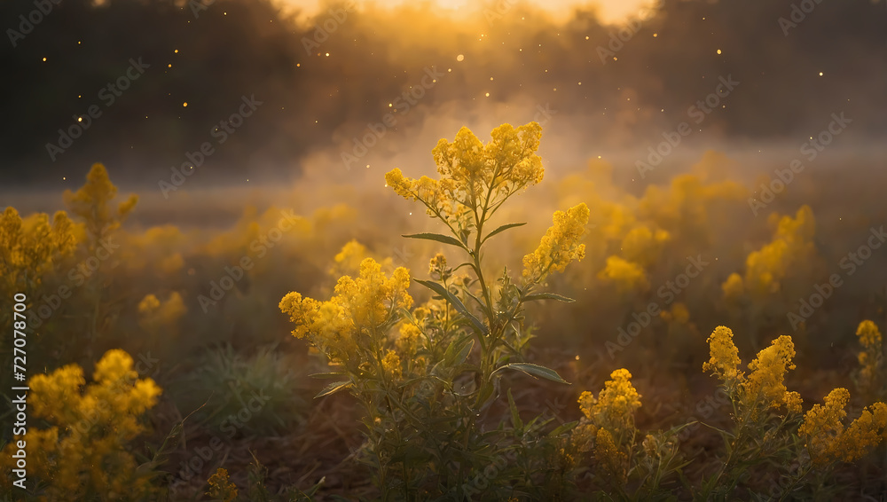Goldenrod nebula mist veiling the ground, casting a warm and radiant glow across the scene.