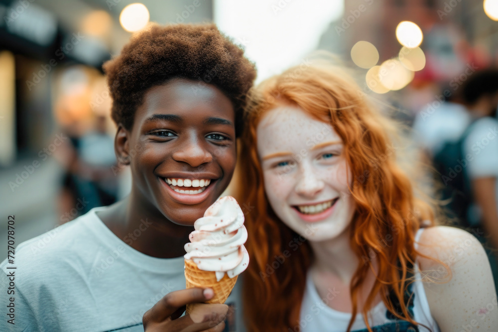 two teenage friends, a red-haired girl, an African-American boy, they are eating an ice cream cone, cheerful and fun attitude in the city,