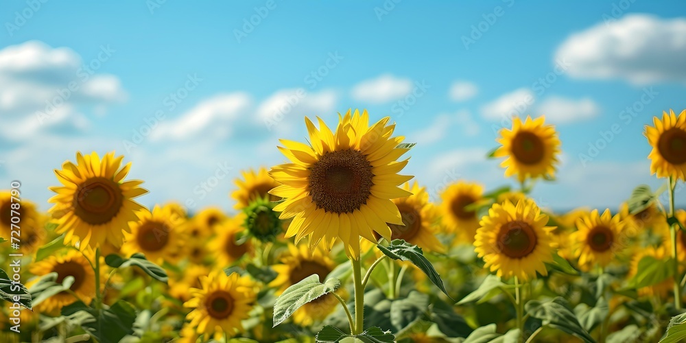 Bright sunflowers under a blue sky, blooming in a field. nature's beauty captured in vibrant colors. ideal for backgrounds and nature themes. AI