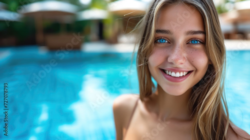 beautiful young smiling tanned woman against the background of a blue outdoor pool, summer, vacation, relax, girl, portrait, face, blue eyes, hotel, country club, spa photo