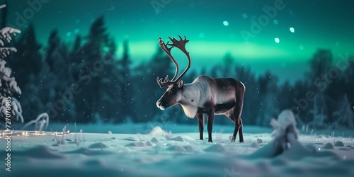 Majestic reindeer under northern lights in a tranquil winter landscape. serene nature scene, perfect for holiday themes. AI