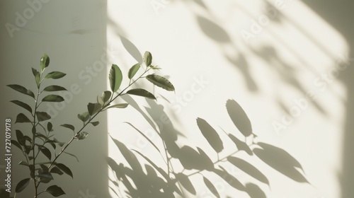 Soft sunlight casts a tranquil shadow of a plant on a smooth white wall  creating a minimalist aesthetic