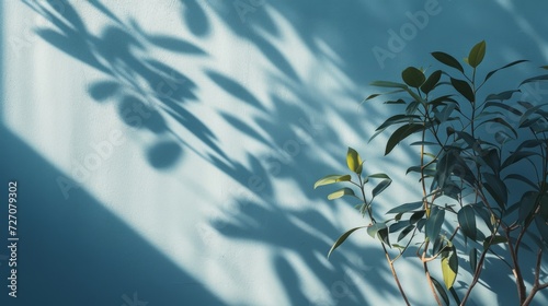 Soft sunlight casts a tranquil shadow of a plant on a smooth light blue wall, creating a minimalist aesthetic © mikeosphoto