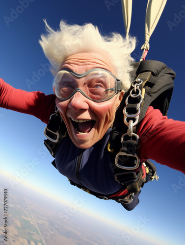 Funny and smiling elderly woman has fun skydiving. 