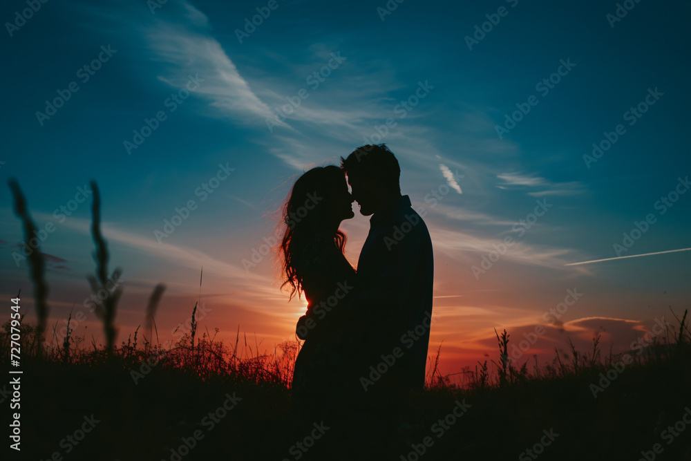 Couple in Love Silhouette at Sunset - Generative AI. Couple in Love Silhouette at Sunset - Generative AI.