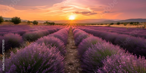 Serene lavender field at sunset, soft light over purple blooms, peaceful agricultural landscape. tranquil nature scene. AI