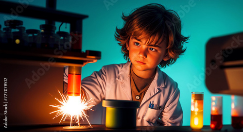 A schoolboy boy is doing chemical experiments in a chemical laboratory. photo