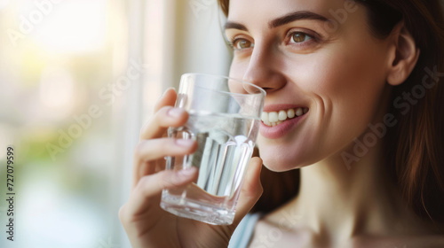 happy woman drinking water out of a glass