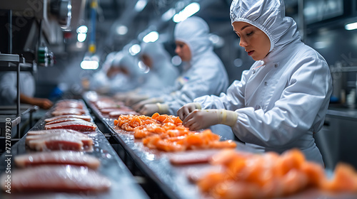 Steak factory production line with production line workers wearing isolation suits