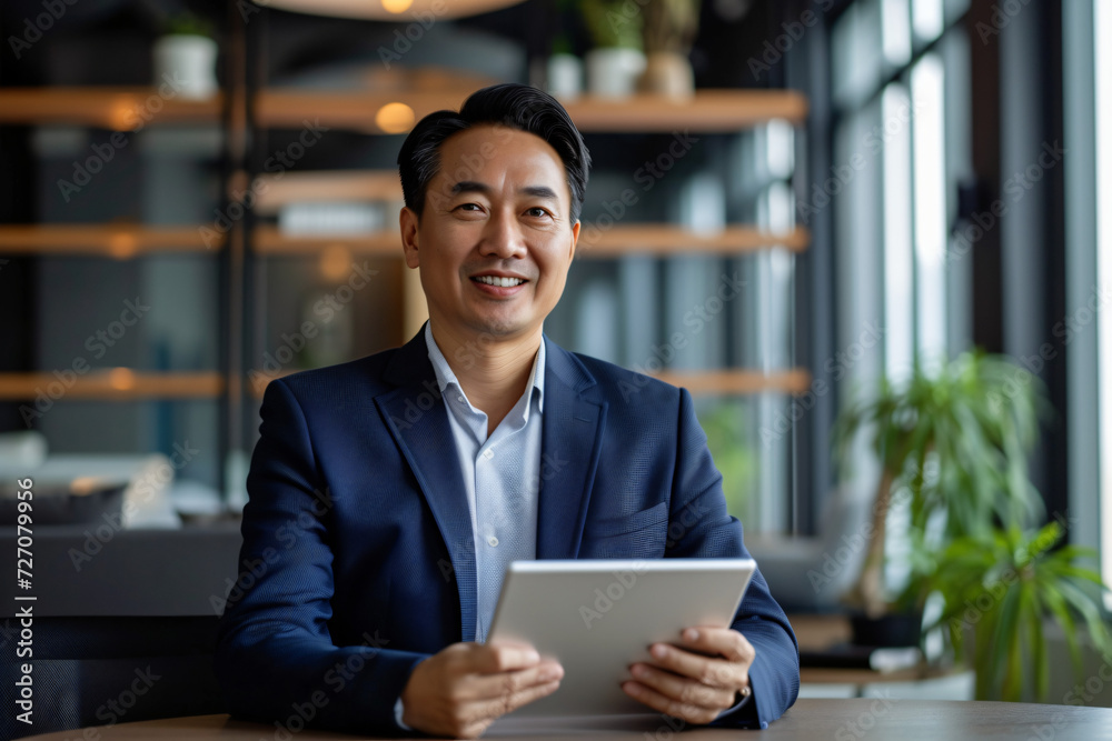 Happy Asian Mid-Age Businessman CEO Using Tablet at Office Desk - Generative AI. Happy Asian Mid-Age Businessman CEO Using Tablet at Office Desk - Generative AI.
