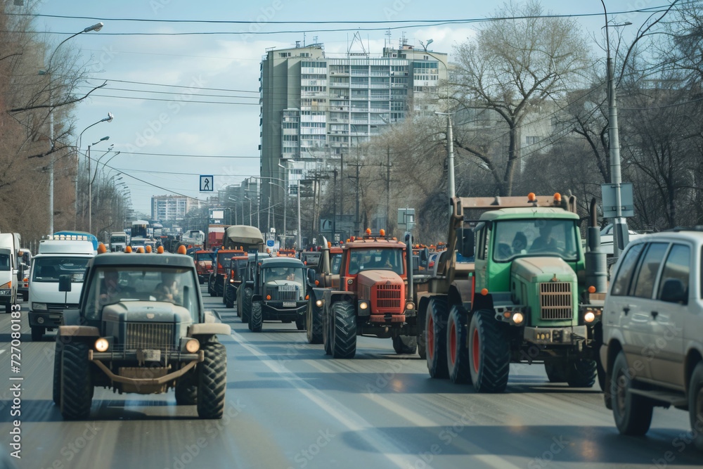 Tractors Blocking City Streets and Causing Traffic Jams - Generative AI.