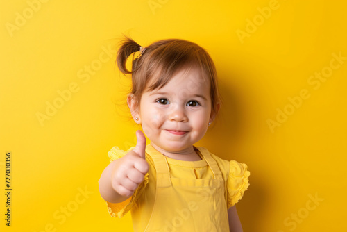 Toddler Giving a Thumbs Up on Yellow Background - Generative AI.