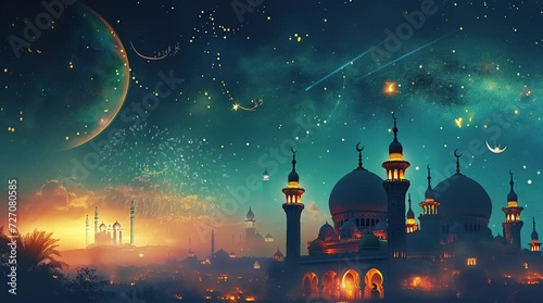 animated islamic wallpaper, ramadan mosque background Seamless looping 4k time-lapse virtual video animation background. Generated AI	 photo