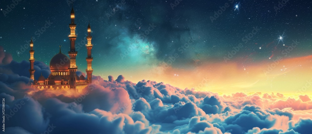 beautifully illuminated mosque floating amidst fluffy white clouds under a starry night