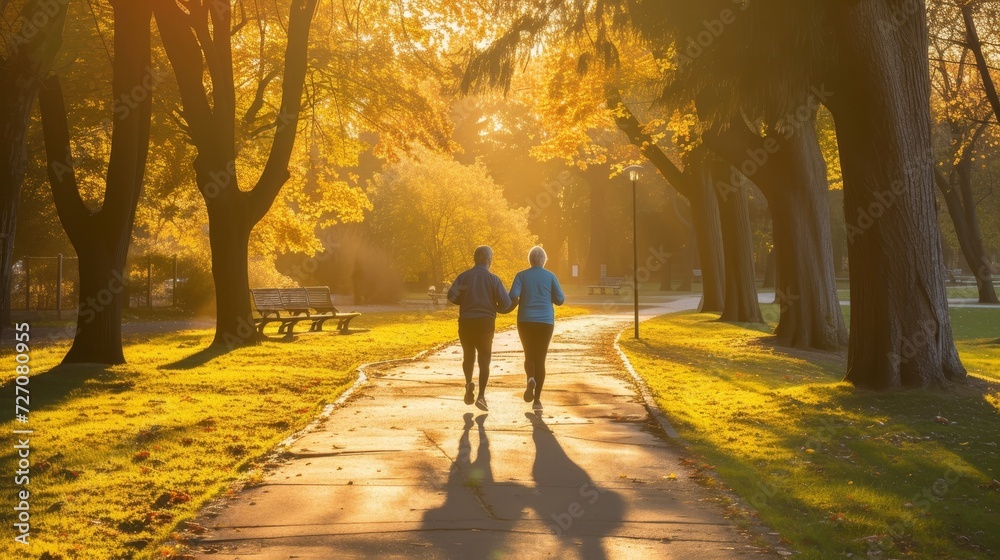 A senior couple jogging together at dawn in a peaceful park, with trees casting long shadows 