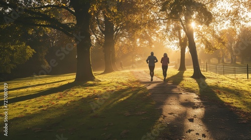 A senior couple jogging together at dawn in a peaceful park, with trees casting long shadows  © RDO
