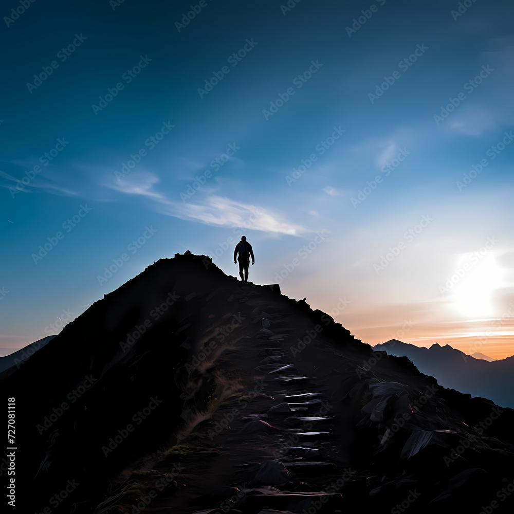 Silhouette of a person hiking up a mountain. 