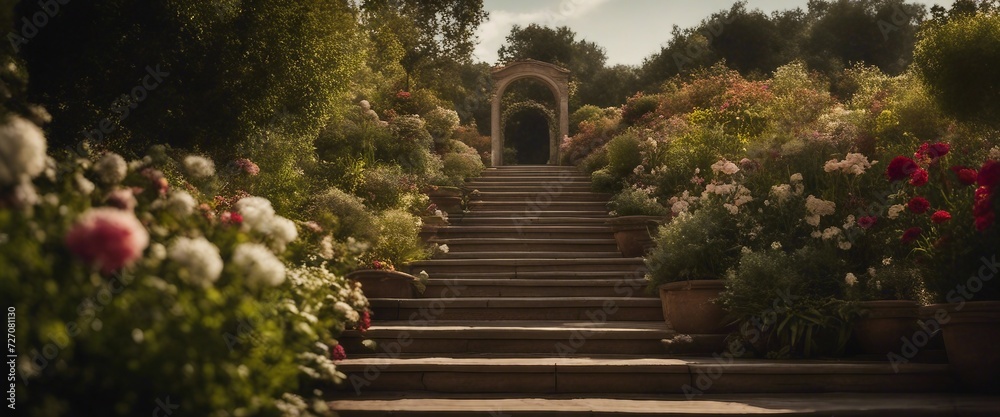 Stairway leading up to a flowerbed.