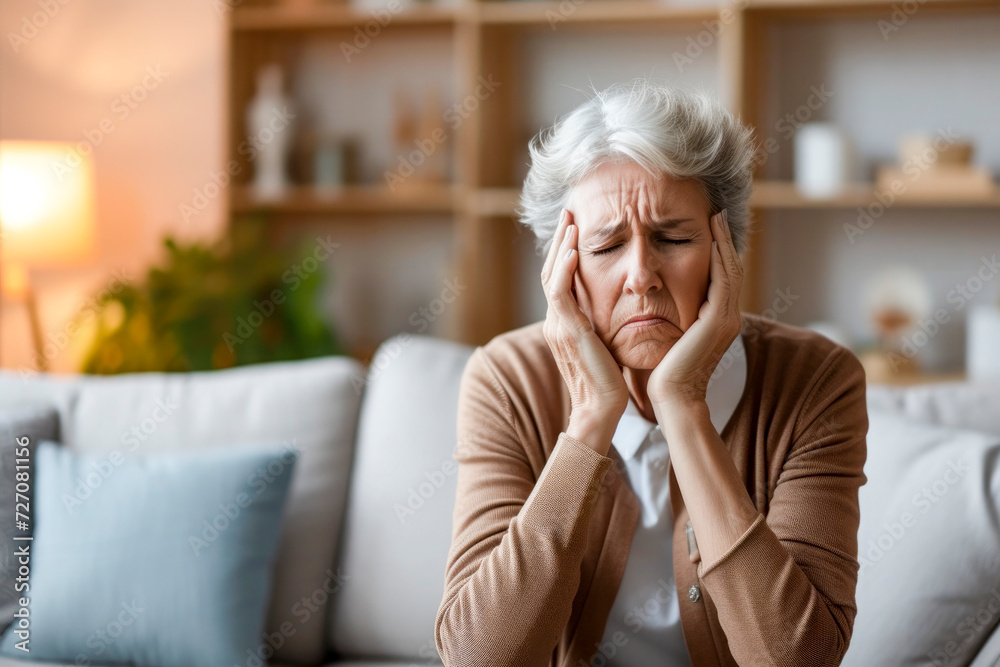 Senior woman with migraine headache isolated on livingroom background, Senior woman with migraine headache isolated on livingroom background,