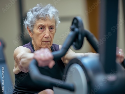 A senior woman using a rowing machine in a fitness center, with intense concentration 