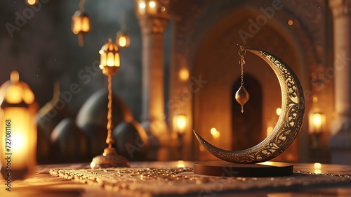 Ornamental Arabic lantern with burning candle glowing at night invitation for Muslim holy month Ramadan Kareem