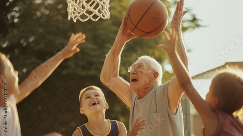 An old man playing basketball with his grandchildren, taking a shot at the hoop