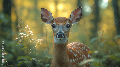 the deer is looking up while out in the forest