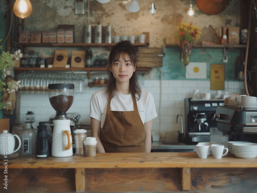Portrait of barista in apron at the bar of the modern cafe. Barista at counter in cafe. Coffee cafe. Stunning, Beautiful woman. Portrait of barista in apron at the bar of the modern cafe. Barista at counter in cafe. Coffee cafe. Stunning, Beautiful woman.