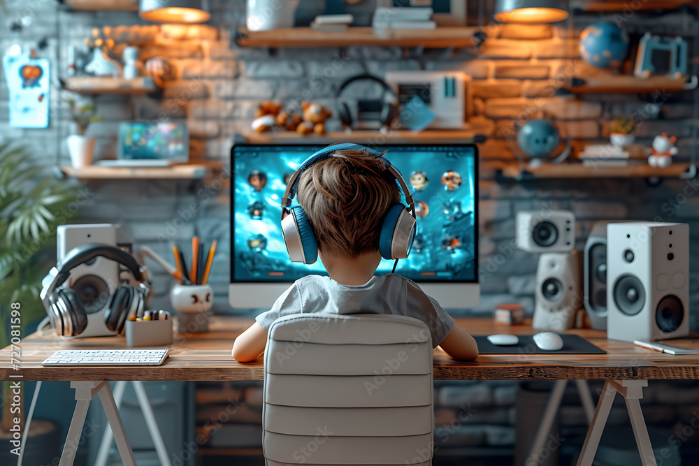 gamer in headphones plays at the computer, neon background gamer in headphones plays at the computer, neon background