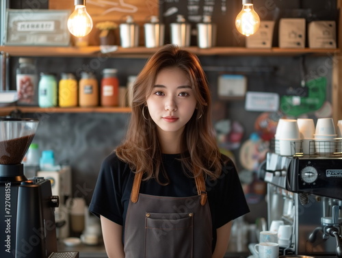 Portrait of barista in apron at the bar of the modern cafe. Barista at counter in cafe. Coffee cafe. Stunning  Beautiful woman.