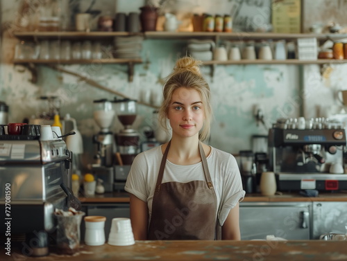 Portrait of barista in apron at the bar of the modern cafe. Barista at counter in cafe. Coffee cafe. Stunning, Beautiful woman.