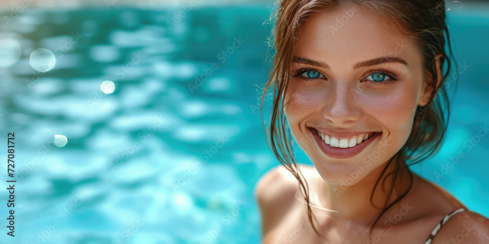 beautiful young smiling tanned woman against the background of a blue outdoor pool, summer, vacation, relax, girl, portrait, face, blue eyes, hotel, country club, spa