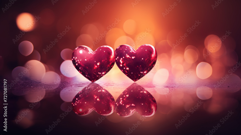 Valentine Day card background with glowing shiny hearts and bokeh, holiday concept