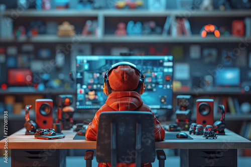 gamer in headphones plays at the computer, neon background	 photo