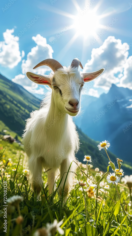 Obraz premium Well-groomed goat on green meadow on a sunny day. Organic dairy products concept. Agricultural landscape. Generative AI