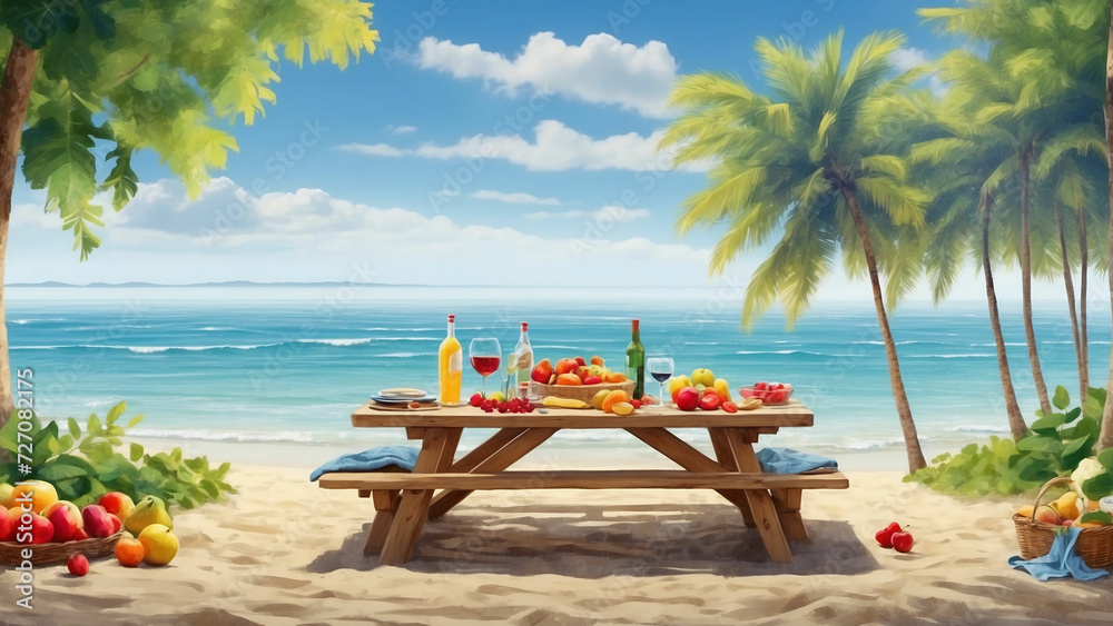 A picnic table on a serene beach with the sound of gentle waves in the background and the scene, including the colors, smells, and sounds, as well as the delicious food spread across the table
