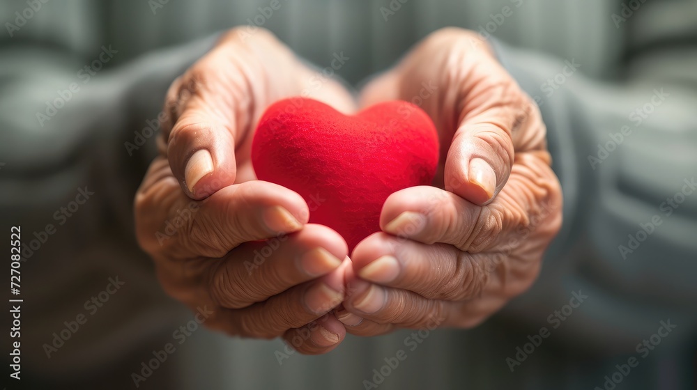 Elderly senior person or grandparent's hands with red heart in support of nursing family caregiver for national hospice palliative care and family caregivers month concept